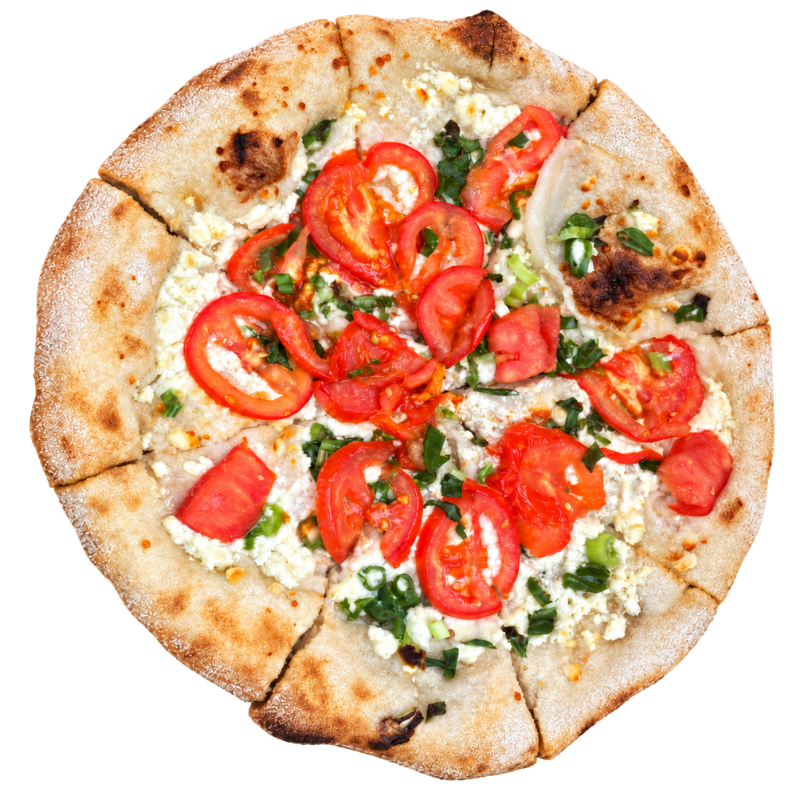 Pizza Grecească cu telemea, felii de roșii și ceapă verde