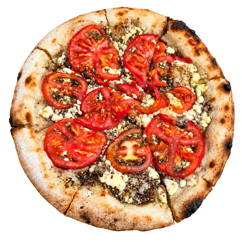Pizza Zatar cu felii de roșii, telemea și zatar